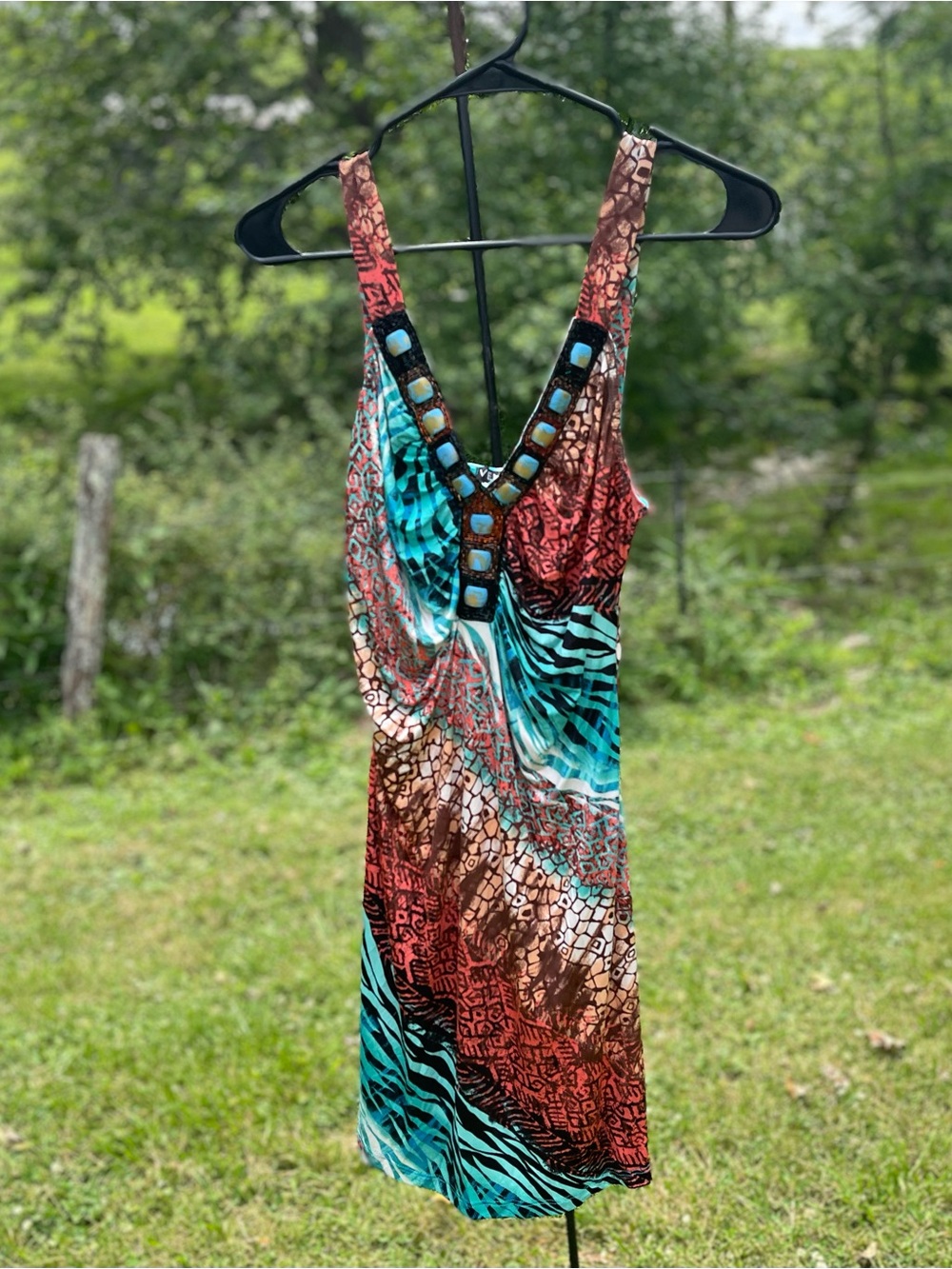 Venus Dress Womens L Medium Vibrant Mulitcolor Printed Beaded V Neck Strappy